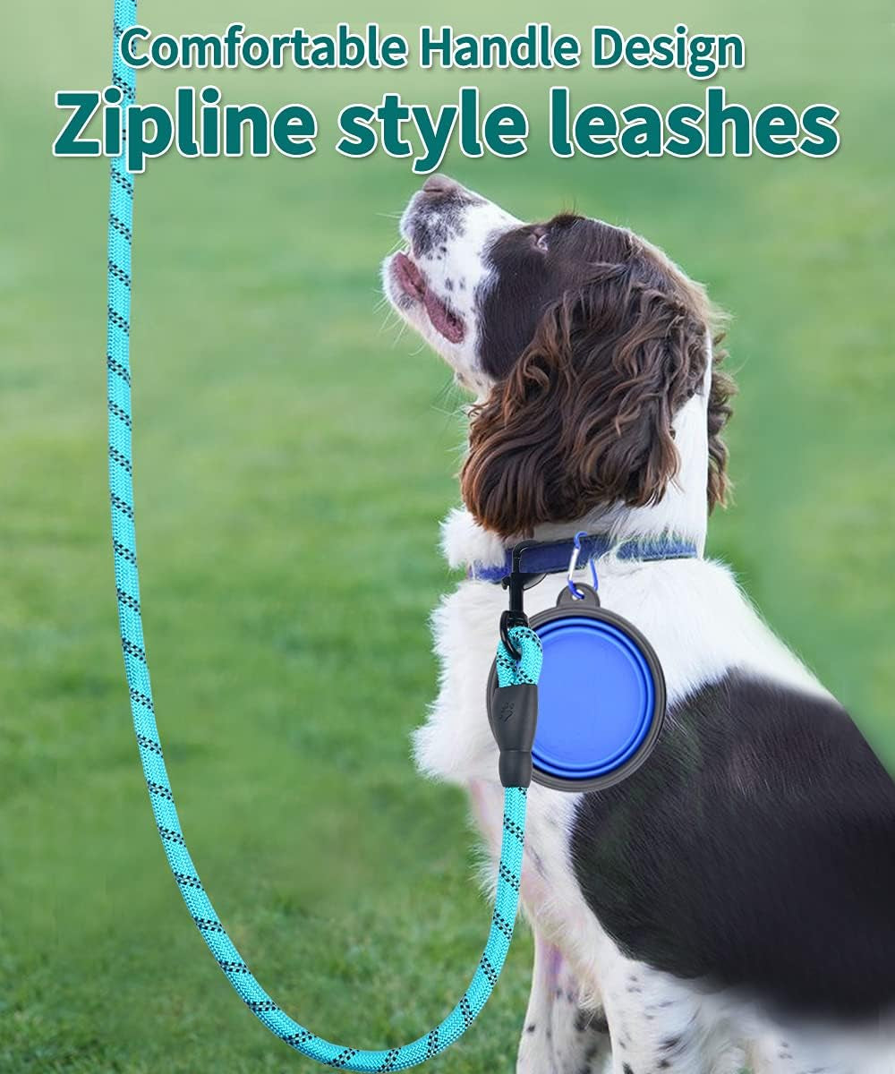 10FT Thick Durable Nylon Dog Rope - Comfortable Padded Handle Reflective Rope Leash for Medium Large Dogs with Collapsible Pet Bowl and Garbage Bags (Reflective, Blue)