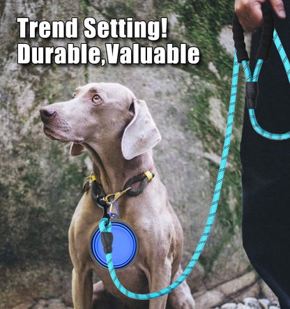10FT Thick Durable Nylon Dog Rope - Comfortable Padded Handle Reflective Rope Leash for Medium Large Dogs with Collapsible Pet Bowl and Garbage Bags (Reflective, Blue)